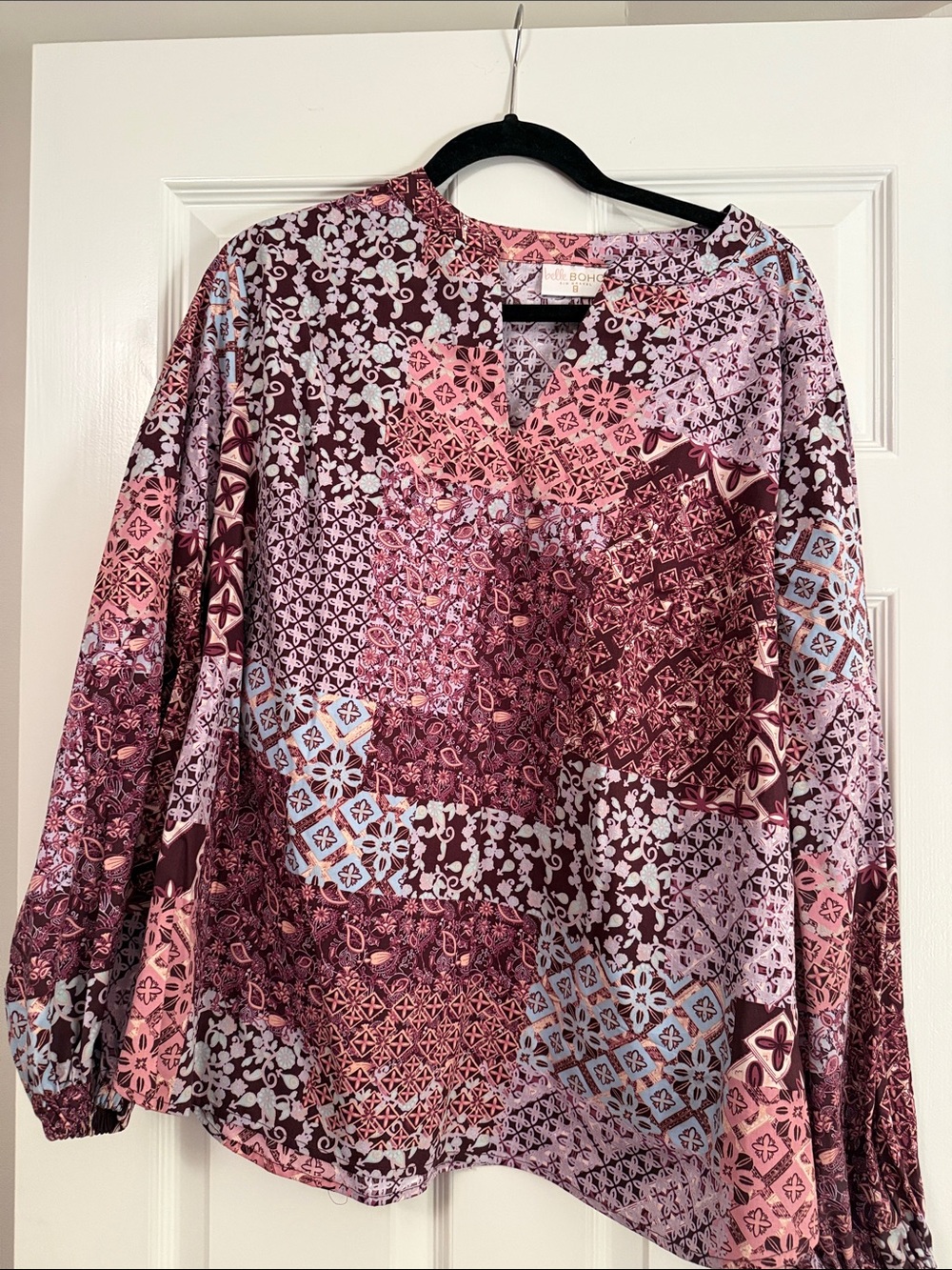 Belle by Kim Gravel Patchwork-Print Long Sleeve Blouse in Pink & Plum